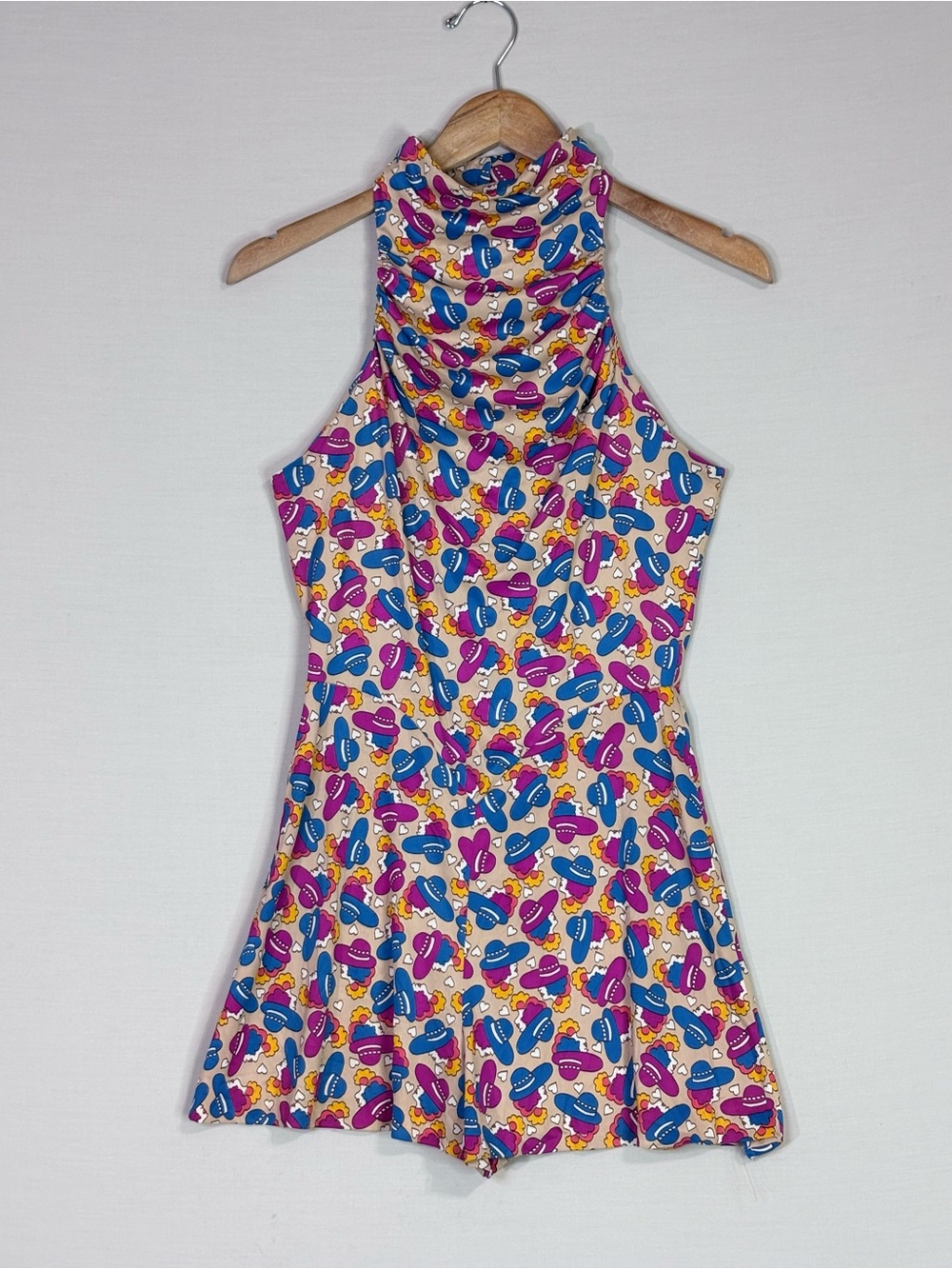 Corny Girl California Mod Lady Hat Print Mock Neck Skater Romper Dress